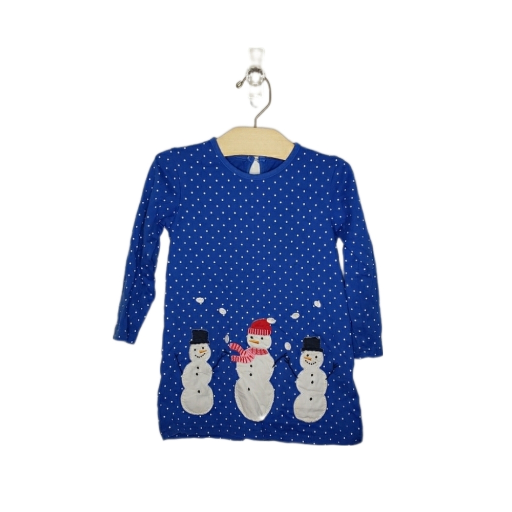 Boutique 4T Toddler Girl Snowman Appliqué Blue Polka Dot Long Sleeve Dress